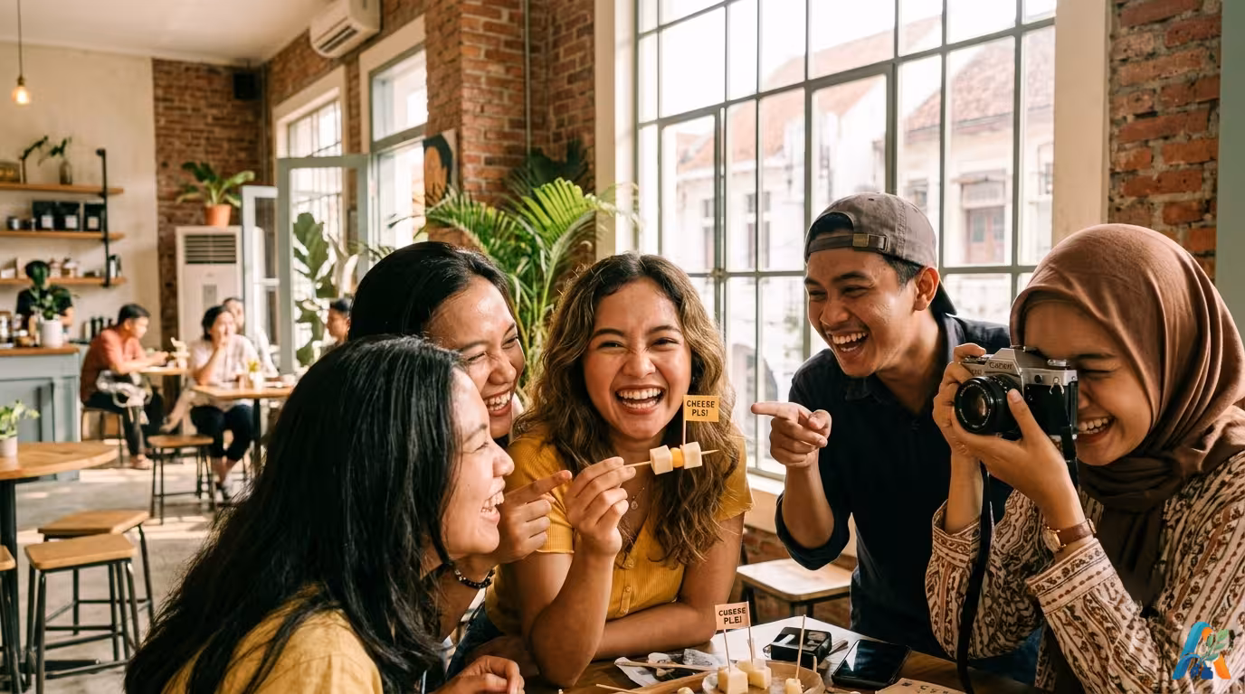 Sekelompok anak muda tertawa ceria di kafe estetik Kota Lama Semarang sambil berfoto menggunakan kamera vintage