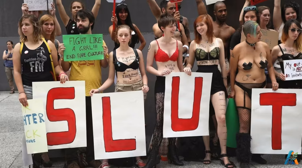 Sekelompok demonstran memegang papan bertuliskan slogan aksi protes kesetaraan gender dan penolakan terhadap pelecehan seksual di ruang publik.