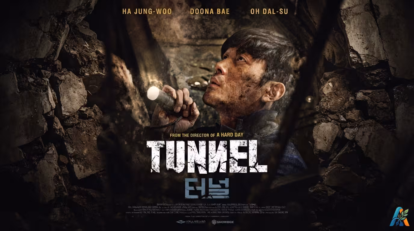 Poster film Korea Tunnel menampilkan Ha Jung-woo terjebak di dalam terowongan yang runtuh, memegang senter dengan ekspresi penuh perjuangan.