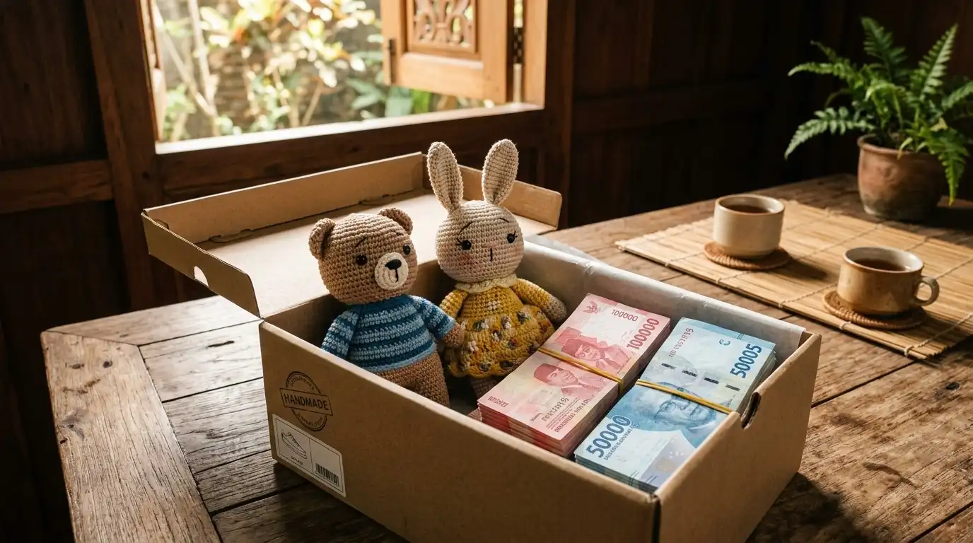 Dua boneka rajut amigurumi beruang dan kelinci dalam kotak sepatu karton di samping tumpukan uang kertas Rupiah di atas meja kayu.