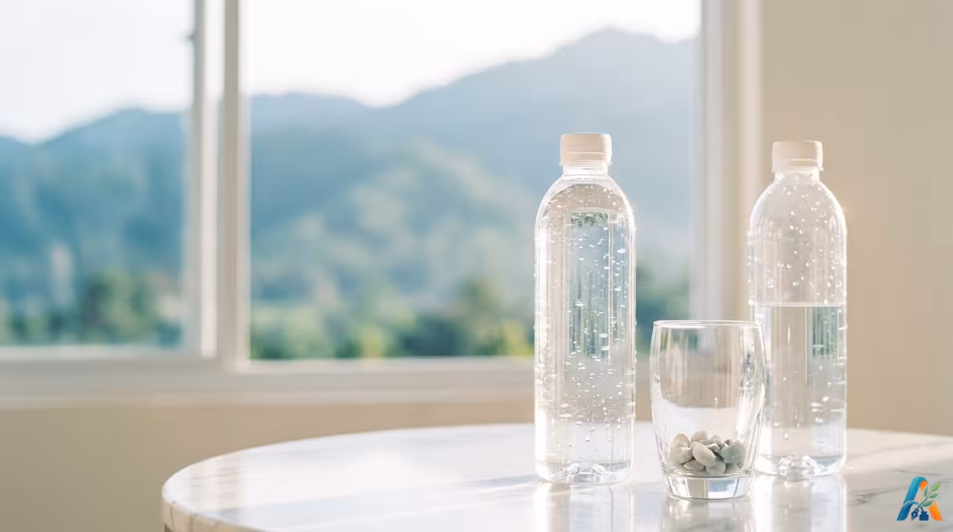 Botol air minum dan gelas berisi batu mineral di atas meja marmer dengan latar pemandangan pegunungan yang tenang