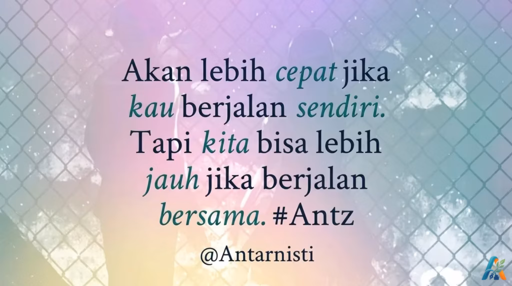 Kutipan motivasi tentang kebersamaan dan perjalanan hidup dengan latar belakang siluet dua orang di balik pagar kawat yang estetik.