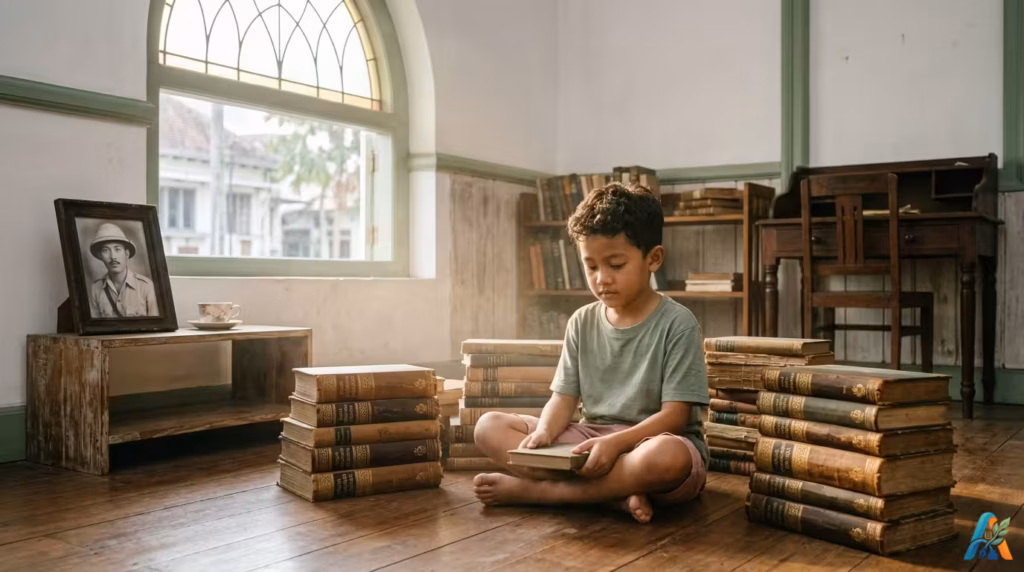 Anak laki-laki duduk tenang di perpustakaan kuno bergaya kolonial di Semarang, dikelilingi tumpukan buku sejarah tua