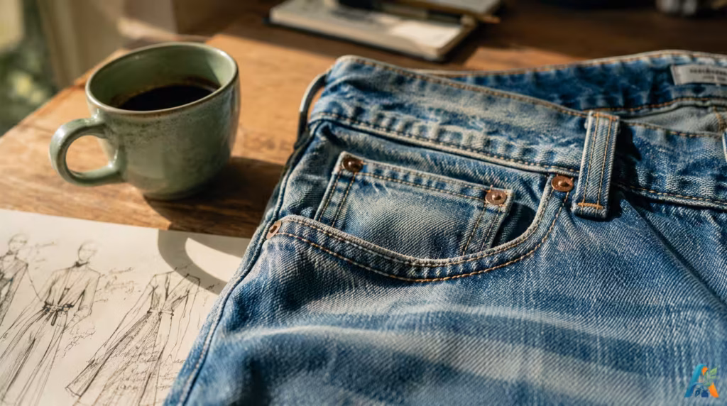 Sepasang celana jeans biru di atas meja kayu di samping cangkir kopi dan sketsa desain busana.