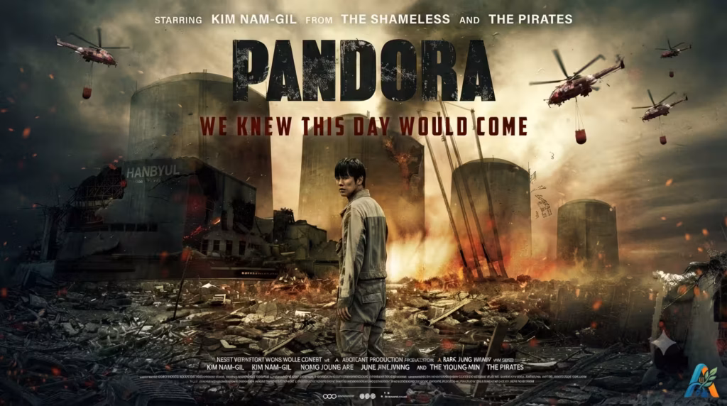 Poster film Korea Pandora menampilkan seorang pria berdiri di depan pembangkit listrik tenaga nuklir yang hancur akibat ledakan dahsyat.