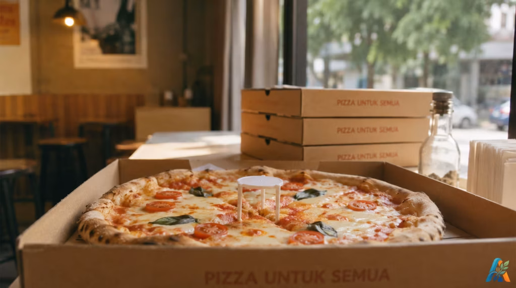 Pizza margherita dengan keju dan tomat di dalam kotak pizza dengan penyangga plastik di tengahnya