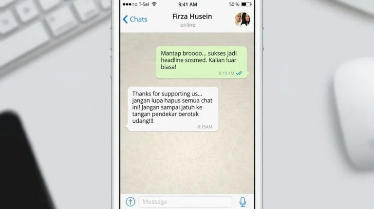 Tangkapan layar simulasi percakapan aplikasi pesan instan antara dua pengguna, menampilkan pesan berisi instruksi untuk menghapus riwayat chat.