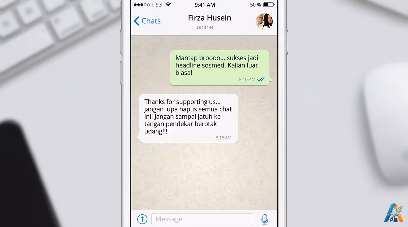 Tangkapan layar simulasi percakapan aplikasi pesan instan antara dua pengguna, menampilkan pesan berisi instruksi untuk menghapus riwayat chat.