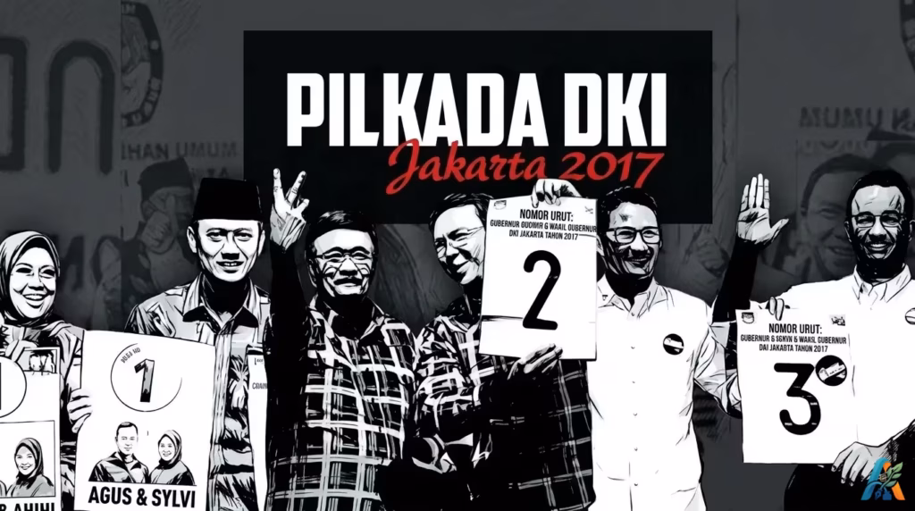 Ilustrasi hitam putih para kandidat Pilkada DKI Jakarta 2017 yang memegang nomor urut pasangan calon gubernur dan wakil gubernur.