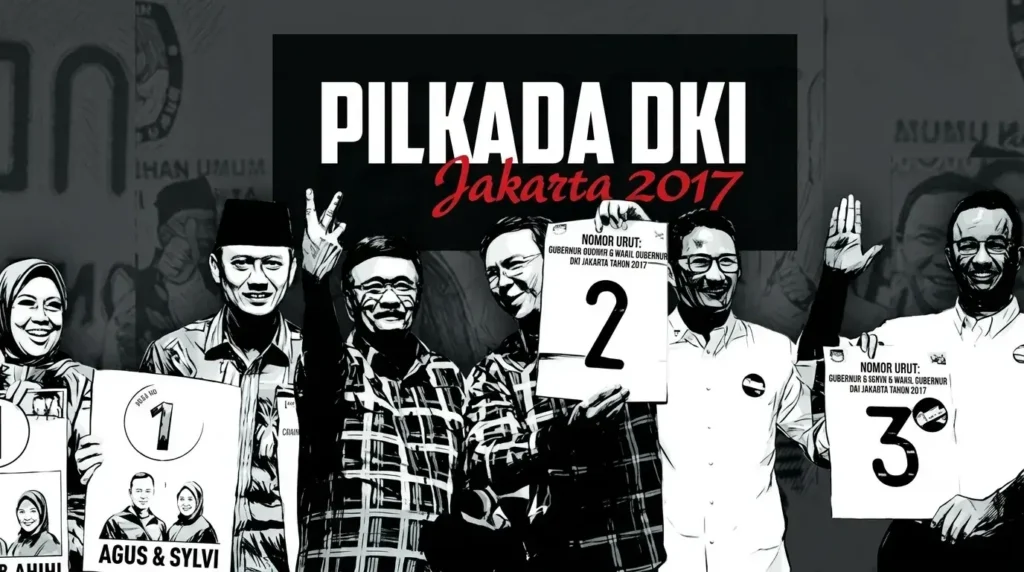 Ilustrasi hitam putih para kandidat Pilkada DKI Jakarta 2017 yang memegang nomor urut pasangan calon gubernur dan wakil gubernur.