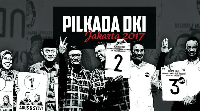 Ilustrasi hitam putih para kandidat Pilkada DKI Jakarta 2017 yang memegang nomor urut pasangan calon gubernur dan wakil gubernur.