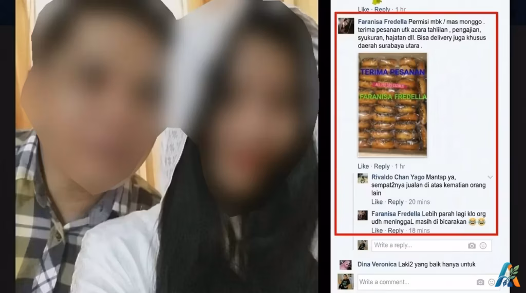 Tangkapan layar interaksi media sosial yang kontroversial, menampilkan foto blur dua orang dan diskusi kolom komentar tentang etika berjualan.