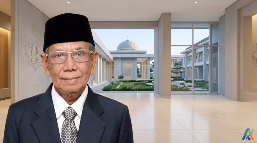 Foto K.H. Hasyim Muzadi memakai peci hitam dan jas hitam dengan latar belakang gedung pondok pesantren modern berkuah masjid.