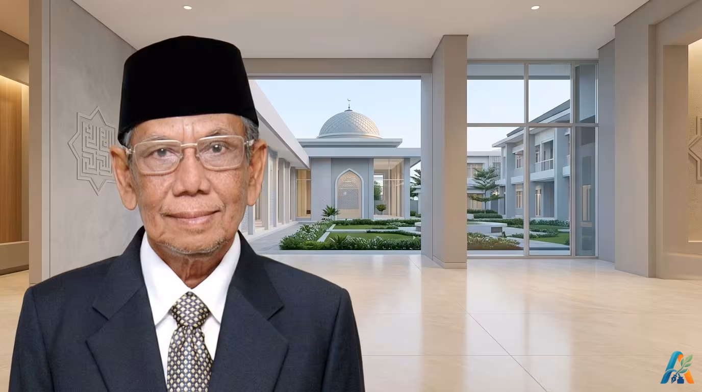 Foto K.H. Hasyim Muzadi memakai peci hitam dan jas hitam dengan latar belakang gedung pondok pesantren modern berkuah masjid.