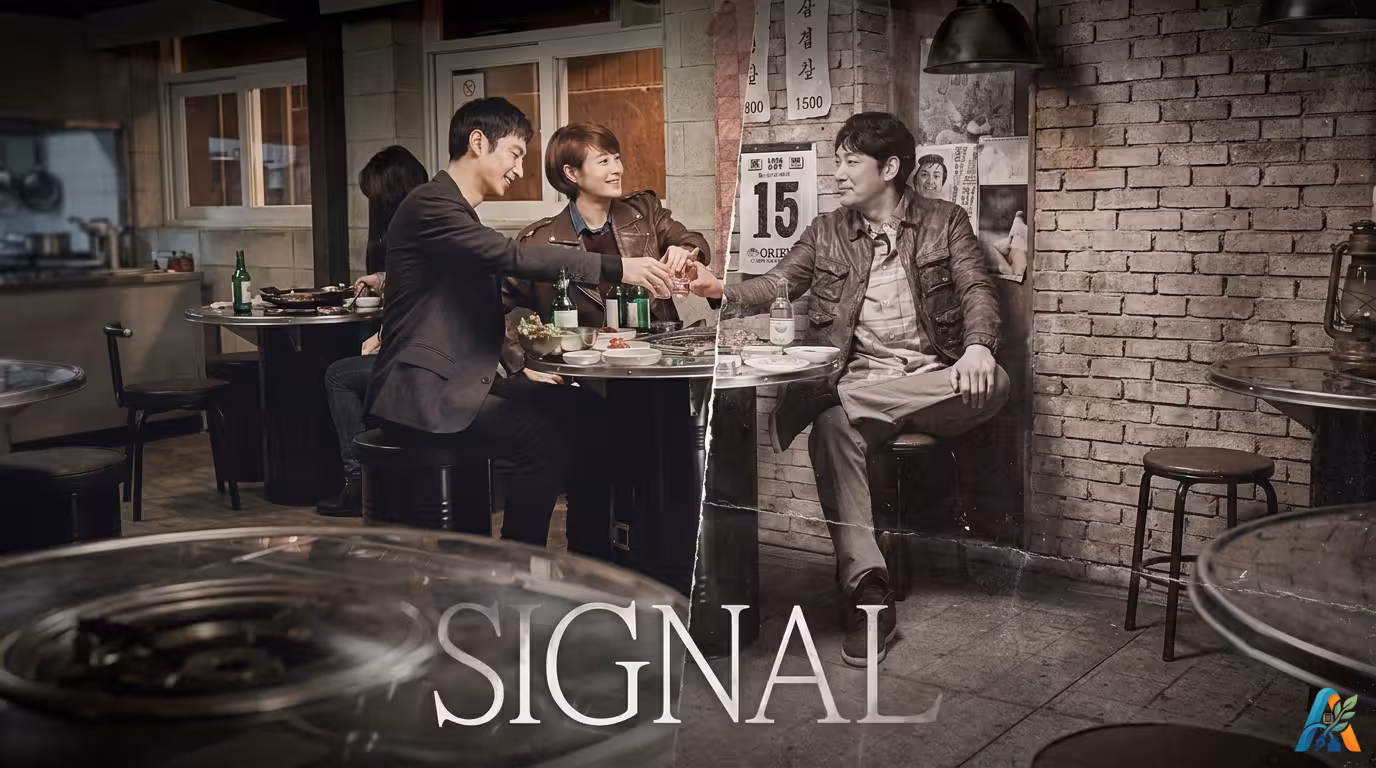 Poster drama Korea Signal yang menampilkan Lee Je-hoon, Kim Hye-soo, dan Cho Jin-woong dalam visual terbelah yang menggambarkan lintas waktu.