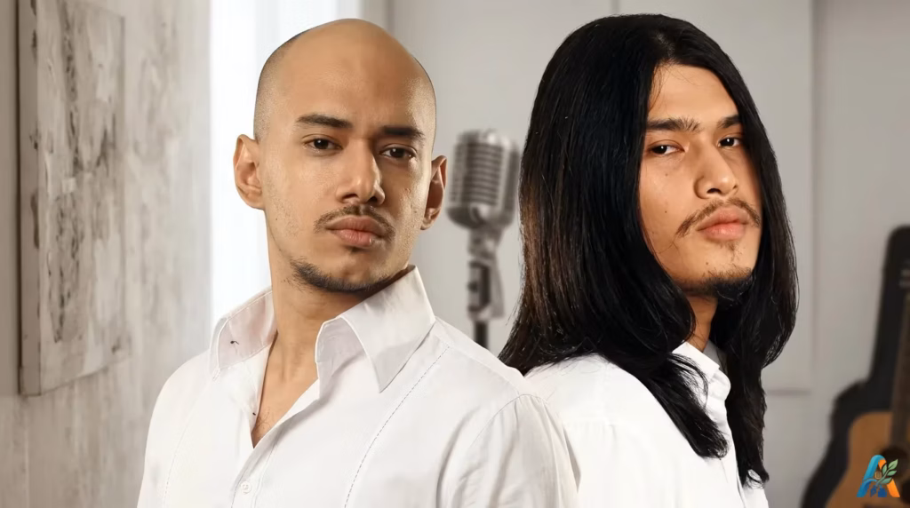 Potret dua pria musisi, satu berkepala plontos dan satu berambut panjang, mengenakan kemeja putih dengan latar belakang mikrofon dan gitar.