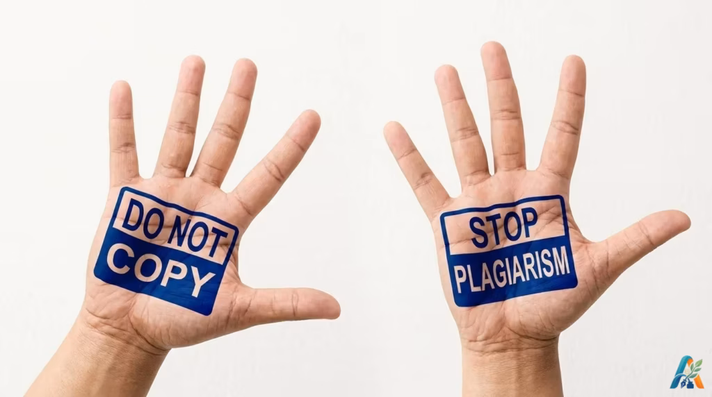 Dua telapak tangan terbuka dengan stempel biru bertuliskan DO NOT COPY dan STOP PLAGIARISM sebagai ajakan untuk menghargai karya orisinal.