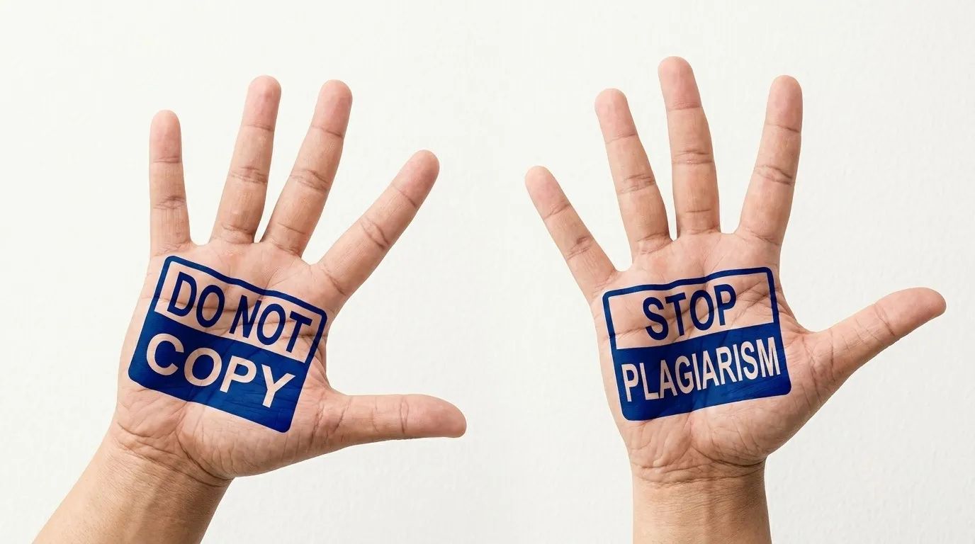 Dua telapak tangan terbuka dengan stempel biru bertuliskan DO NOT COPY dan STOP PLAGIARISM sebagai ajakan untuk menghargai karya orisinal.