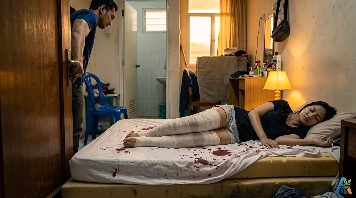 Listy terbaring damai dengan kaki dibalut perban di kasur bernoda merah, sementara Tirta melirik dari balik pintu kamar kos kayu yang terbuka.