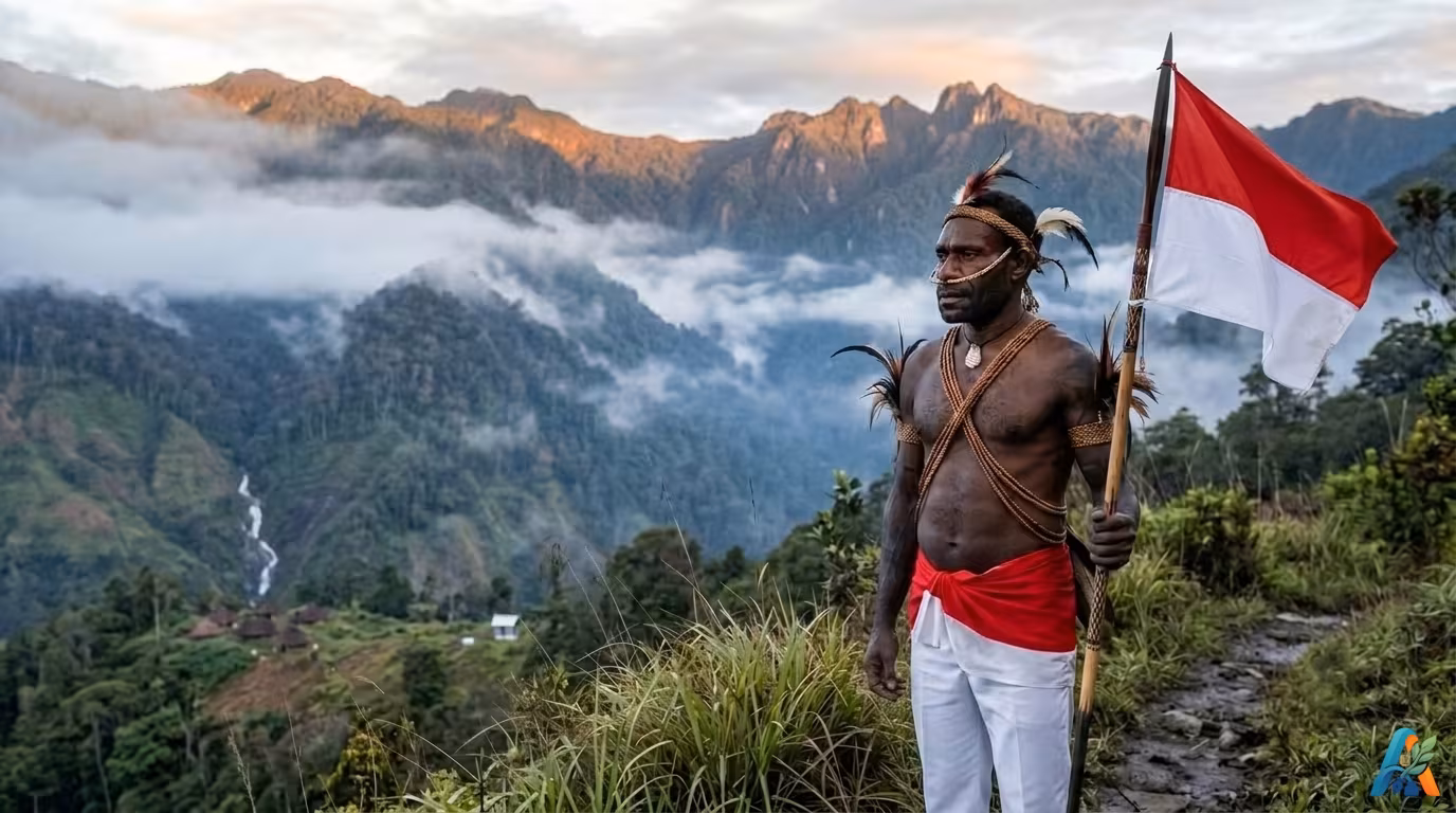 Pria suku asli Papua dengan pakaian adat berdiri di jalur pegunungan berkabut berlatar hutan hijau.