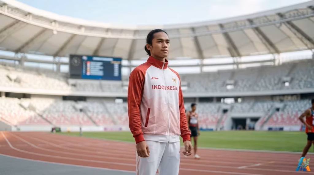 Atlet lari Indonesia mengenakan jaket merah putih berdiri tegak di tengah lintasan atletik stadion.
