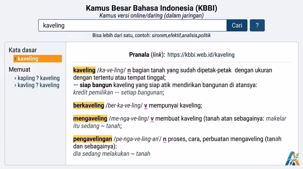 Tampilan layar pencarian kata "kaveling" dalam Kamus Besar Bahasa Indonesia (KBBI) online, menampilkan definisi dan bentuk kata turunannya.