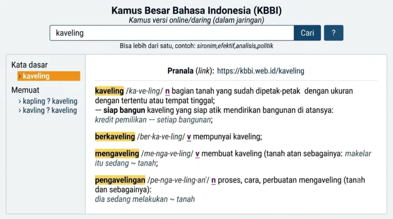Tampilan layar pencarian kata "kaveling" dalam Kamus Besar Bahasa Indonesia (KBBI) online, menampilkan definisi dan bentuk kata turunannya.
