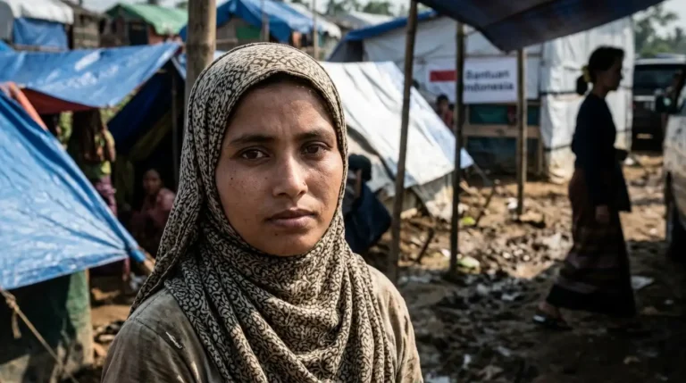 Seorang perempuan pengungsi Rohingya menatap kamera dengan latar belakang tenda darurat di Indonesia dan siluet sosok yang menjauh.