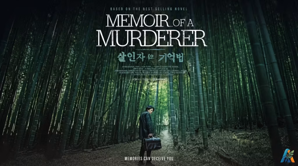 Poster film Korea Memoir of a Murderer menampilkan seorang pria berdiri di tengah hutan bambu yang rimbun dan mencekam.
