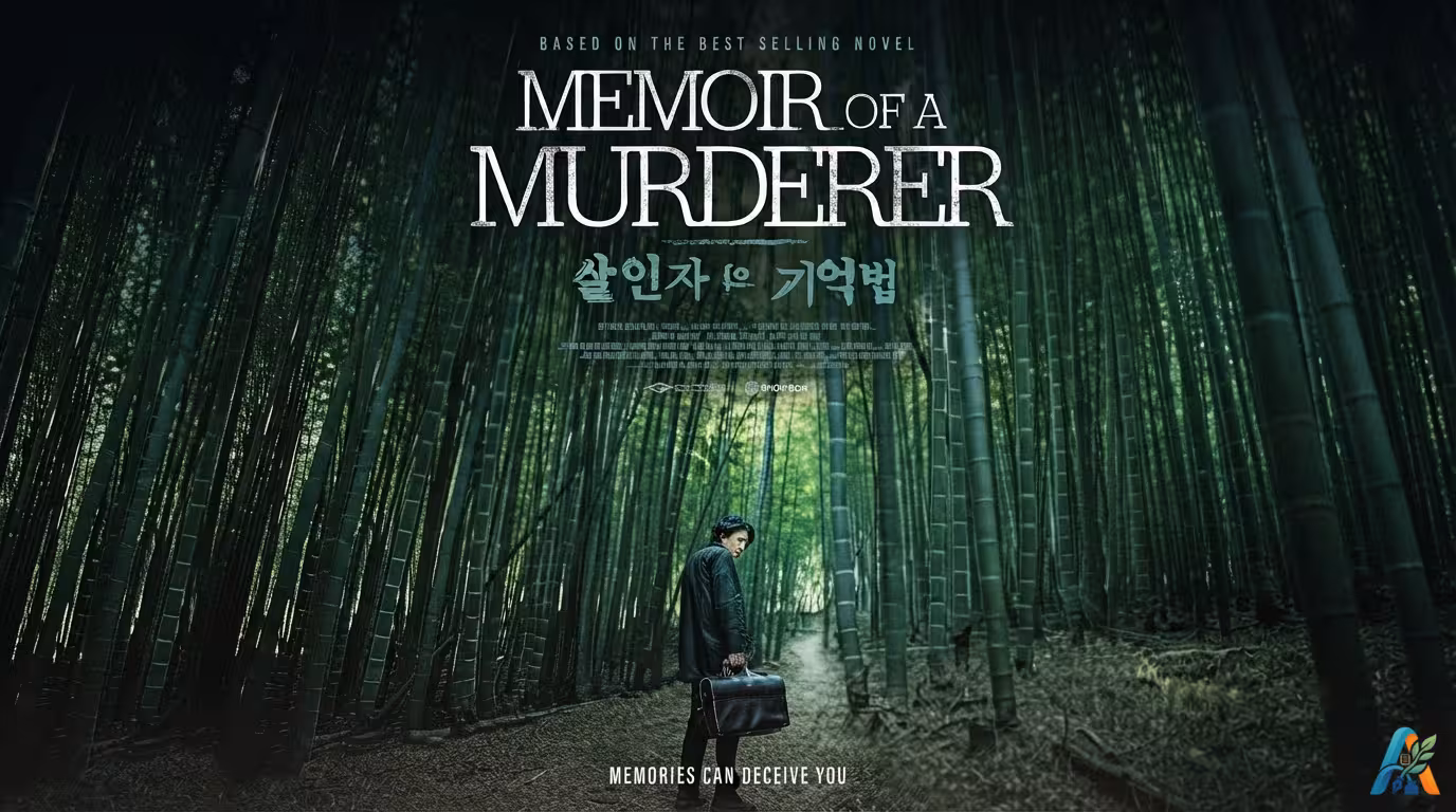 Poster film Korea Memoir of a Murderer menampilkan seorang pria berdiri di tengah hutan bambu yang rimbun dan mencekam.