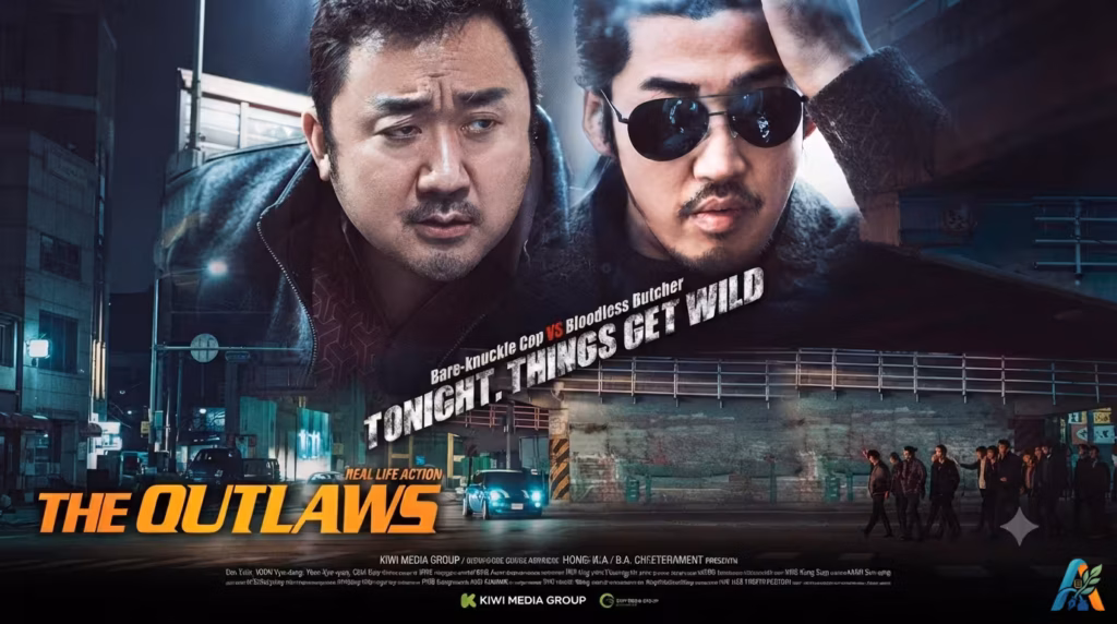 Poster film aksi Korea The Outlaws menampilkan pertarungan sengit antara detektif Ma Seok-do dan bos geng Jang Chen di kota Seoul.