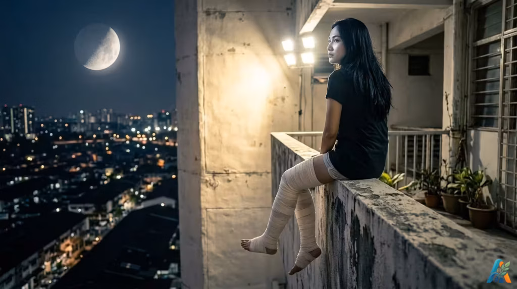 Listy dengan kaki dibalut perban putih tebal duduk di tembok balkon kosan saat malam hari, memandang keindahan lampu kota di bawah sinar bulan.