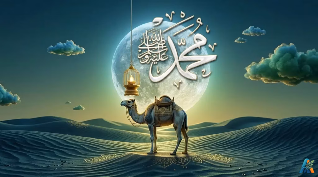 Ilustrasi kaligrafi nama Nabi Muhammad SAW di atas onta di padang pasir saat bulan purnama biru-hijau, dengan lentera gantung dan awan.