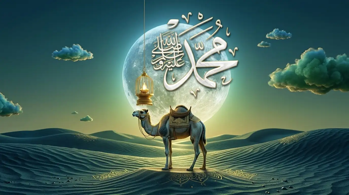 Ilustrasi kaligrafi nama Nabi Muhammad SAW di atas onta di padang pasir saat bulan purnama biru-hijau, dengan lentera gantung dan awan.