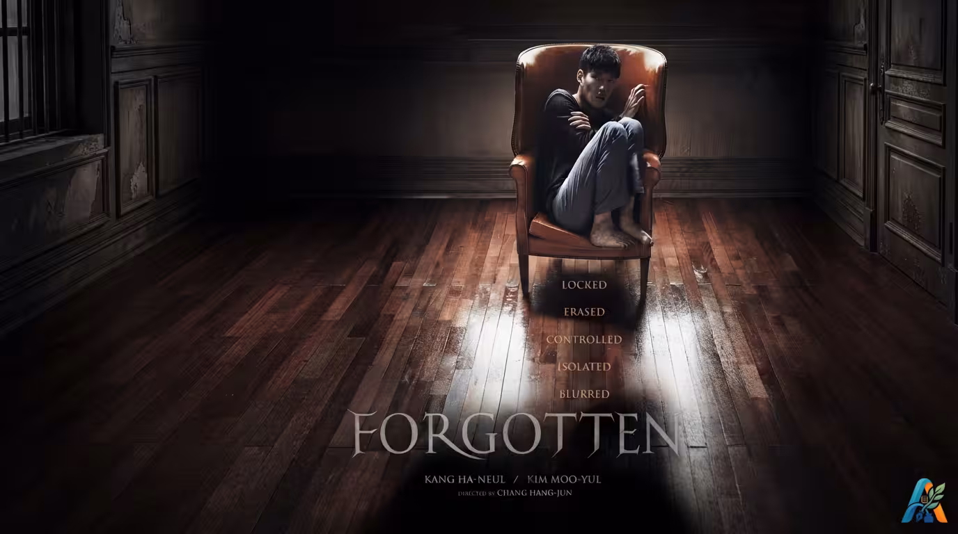 Poster film Korea "Forgotten" menampilkan Kang Ha-neul yang ketakutan di kursi kulit dengan daftar kata kunci psikologis