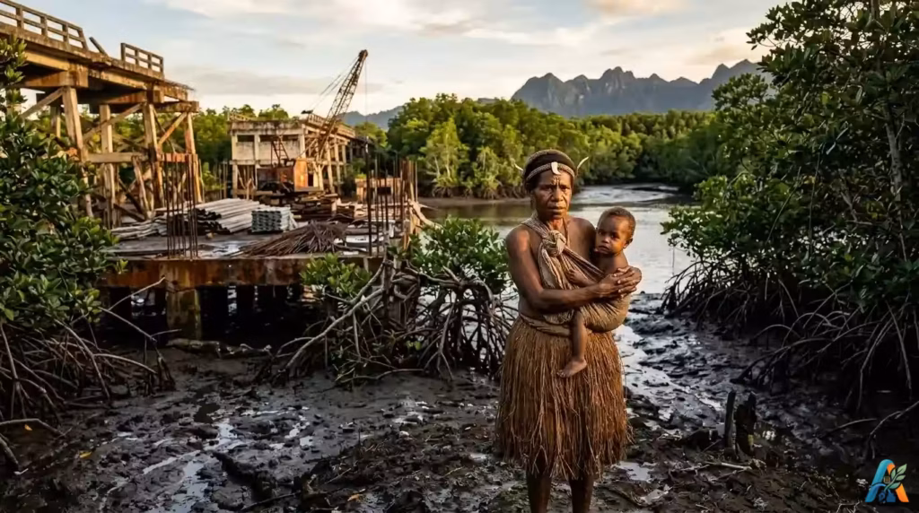 Seorang ibu Asmat menggendong anak di depan bangunan proyek pembangunan infrastruktur yang terbengkalai di tengah hutan mangrove Papua.