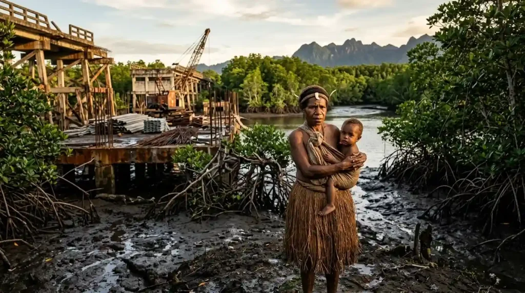 Seorang ibu Asmat menggendong anak di depan bangunan proyek pembangunan infrastruktur yang terbengkalai di tengah hutan mangrove Papua.