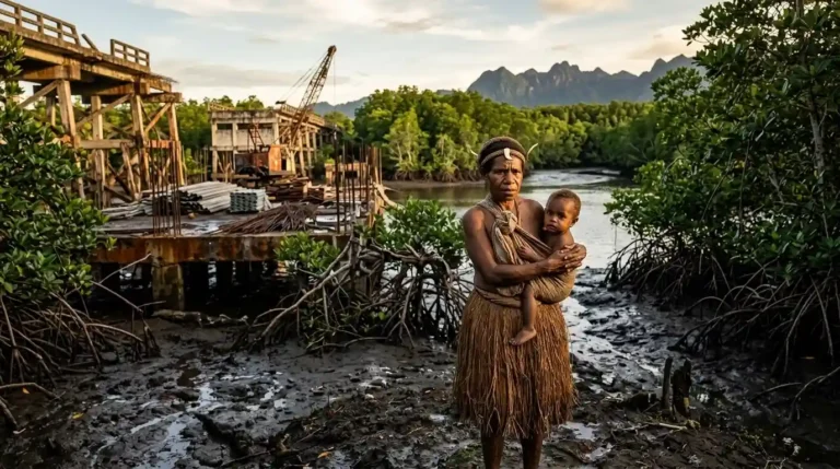 Seorang ibu Asmat menggendong anak di depan bangunan proyek pembangunan infrastruktur yang terbengkalai di tengah hutan mangrove Papua.