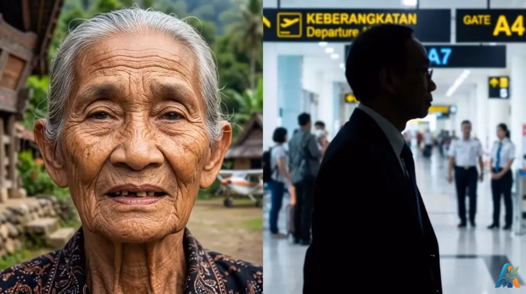 Foto perbandingan Nenek Saulina yang tegar dengan siluet sosok pria berjas di bandara, melambangkan kontras nasib dan realita keadilan di Indonesia.