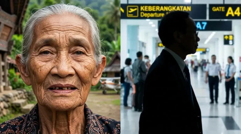 Foto perbandingan Nenek Saulina yang tegar dengan siluet sosok pria berjas di bandara, melambangkan kontras nasib dan realita keadilan di Indonesia.