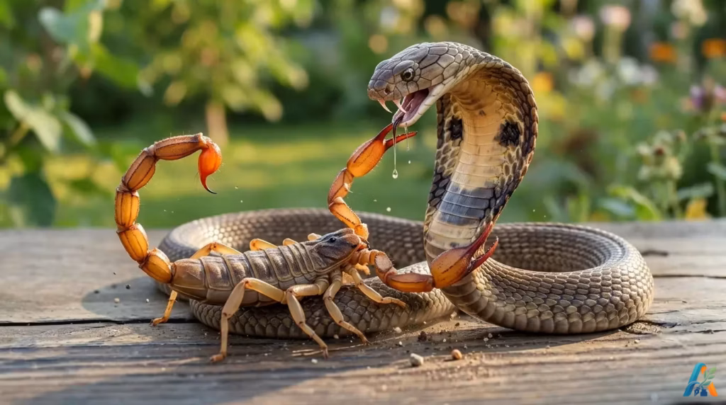 Pertarungan antara kalajengking dan ular King Cobra di atas permukaan kayu, dua hewan yang dikenal sebagai penghasil bisa paling berharga di dunia.