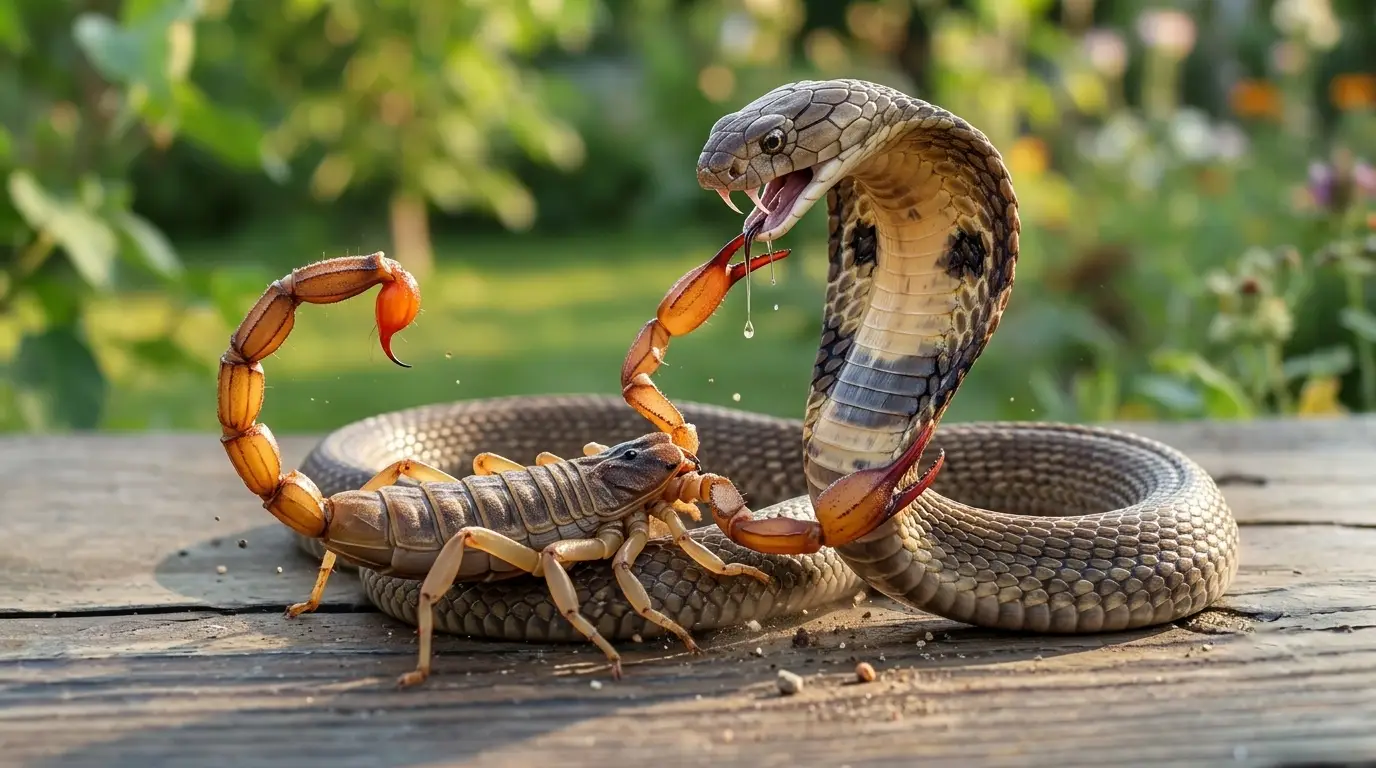 Pertarungan antara kalajengking dan ular King Cobra di atas permukaan kayu, dua hewan yang dikenal sebagai penghasil bisa paling berharga di dunia.
