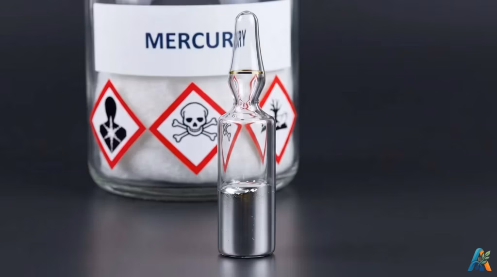 Ampul kaca berisi air raksa cair yang mengkilap, diletakkan di depan botol kimia berlabel Mercury dengan simbol peringatan bahaya beracun.