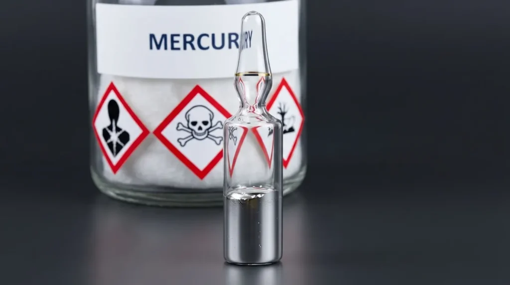 Ampul kaca berisi air raksa cair yang mengkilap, diletakkan di depan botol kimia berlabel Mercury dengan simbol peringatan bahaya beracun.