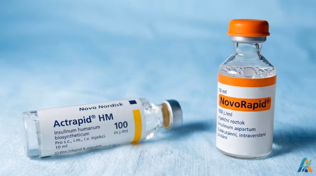 Dua botol vial insulin medis, Actrapid HM dan NovoRapid, yang berisi cairan jernih untuk terapi diabetes diletakkan di atas permukaan biru.