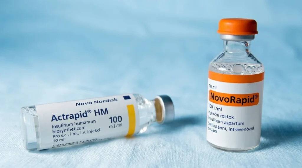 Dua botol vial insulin medis, Actrapid HM dan NovoRapid, yang berisi cairan jernih untuk terapi diabetes diletakkan di atas permukaan biru.
