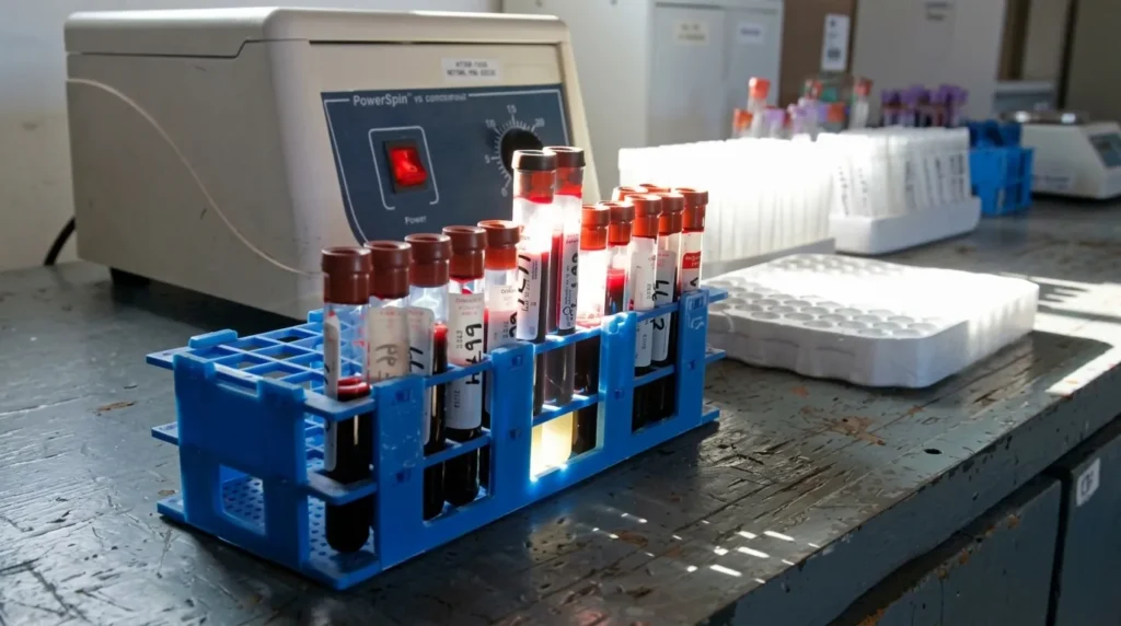 Rak biru berisi tabung reaksi sampel darah di laboratorium, dengan alat sentrifugasi PowerSpin di latar belakang untuk proses penelitian medis.