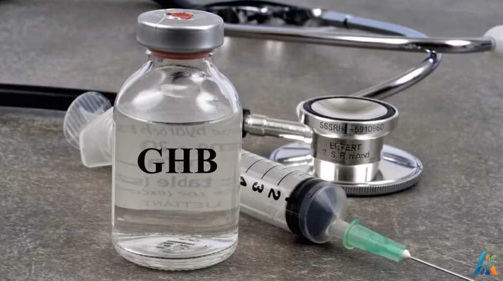 Botol kaca kecil berisi cairan jernih dengan label GHB, diletakkan di samping jarum suntik dan stetoskop medis di atas meja pemeriksaan.