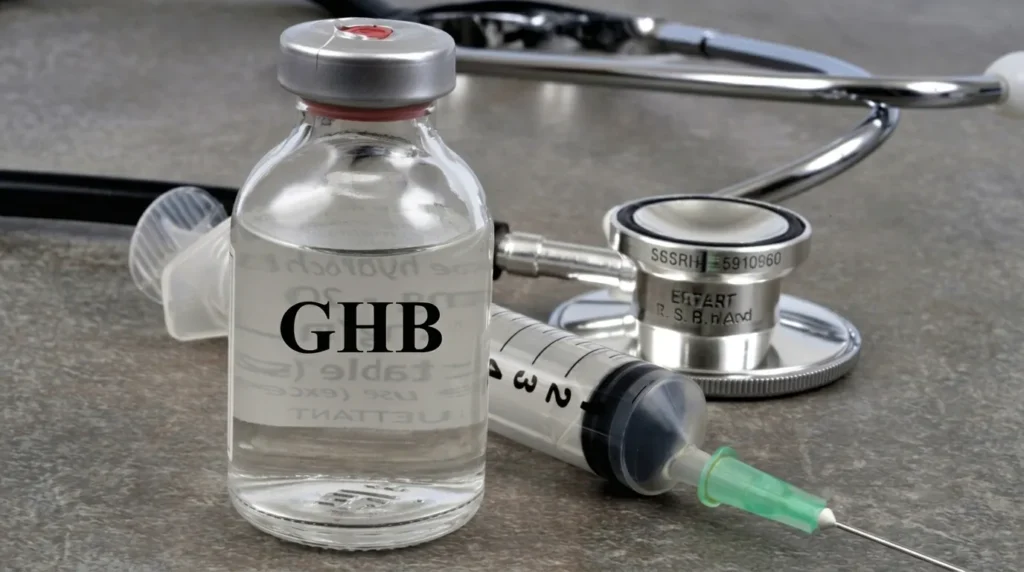 Botol kaca kecil berisi cairan jernih dengan label GHB, diletakkan di samping jarum suntik dan stetoskop medis di atas meja pemeriksaan.