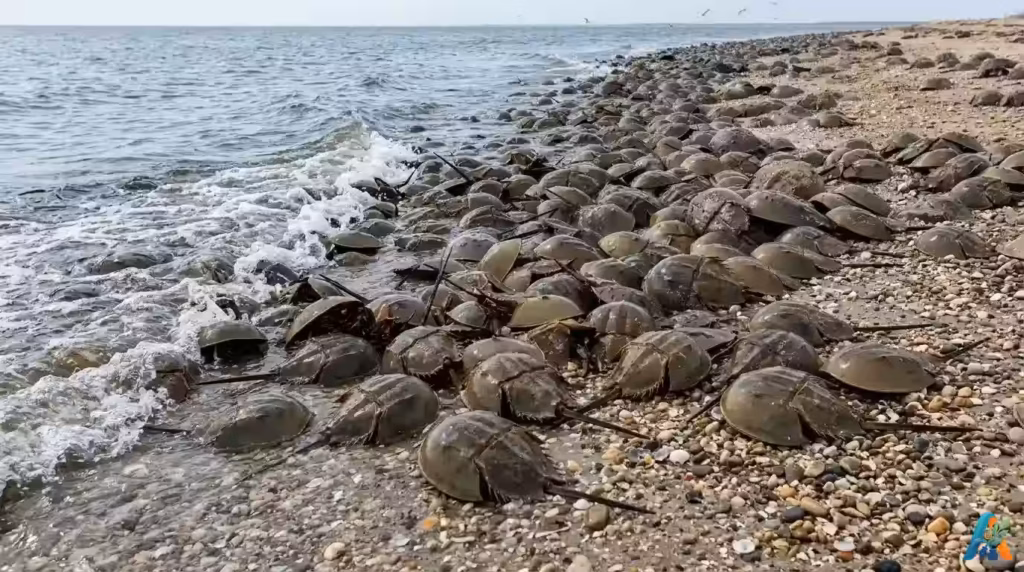 Sekumpulan kepiting tapal kuda terdampar di sepanjang garis pantai berbatu, hewan purba yang darahnya sangat berharga bagi dunia medis.